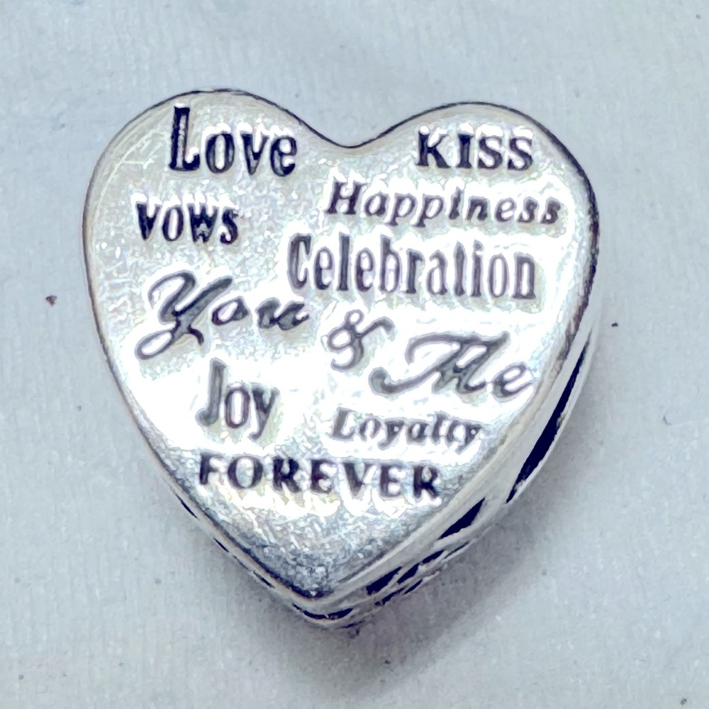 Authentic Pandora, Celebration Heart, Love, Kiss, Joy, Charm silver